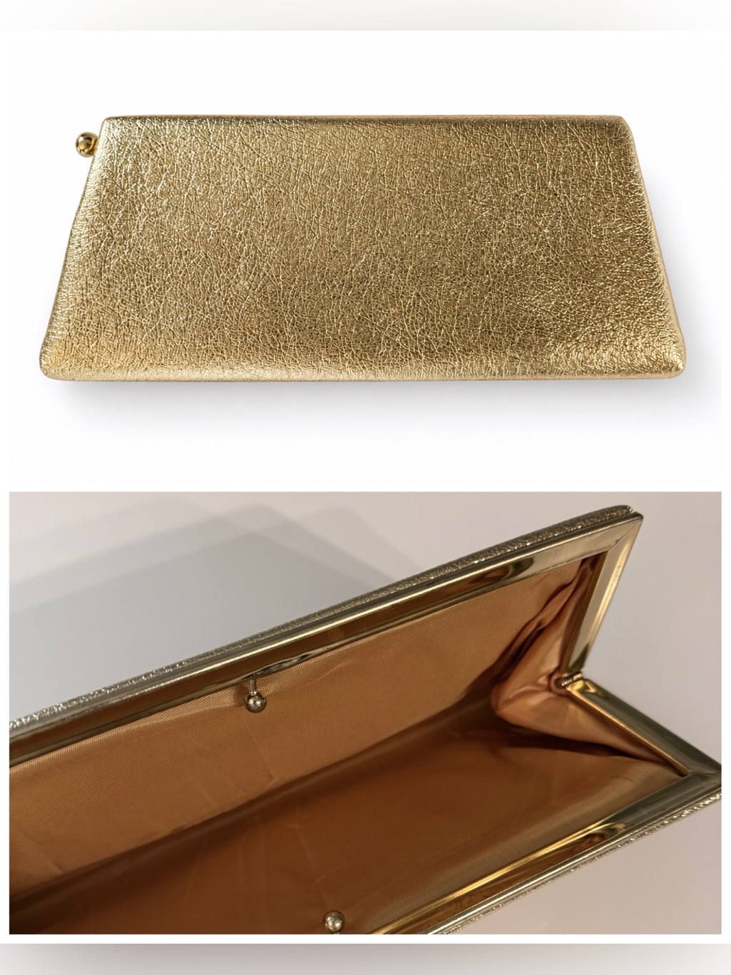 Vintage 60s Gold Metallic Clutch, Kiss Lock. Very Good Condition. Kelly Shape.
